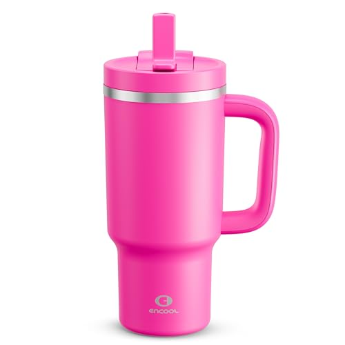 Image of ENCOOL 32 oz Tumbler with Handle and Straw: Stainless Steel Insulated Tumbler Keeps Cold for 24 Hours, Leakproof Travel Cup Fits in Cup Holder and BPA-Free,Persian Rose