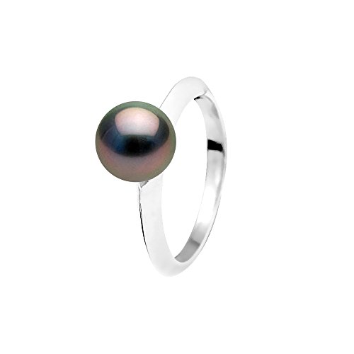 PEARLS & COLORS - Bague Véritable Perle de Culture de Tahiti Ronde 8-9 mm - Qualité AA+ - Argent...