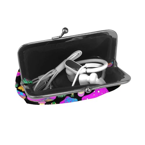 Coin Purse For Women Neon Mushrooms Pattern Purple (1) Faux Leather Coin Purses With Kiss Lock Change And Coin Wallet Double Clasp Closure Mini Purse For Cash, Coin, Key4
