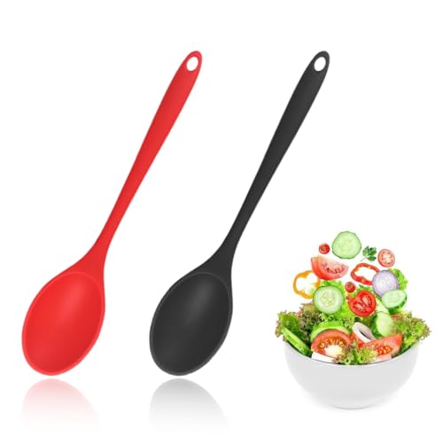 DOKRIN Set di 2 cucchiai da cucina in silicone, cucchiaio in silicone con manico lungo, padella antiaderente resistente al calore, adatto per cucinare, cuocere al forno, mescolare e servire