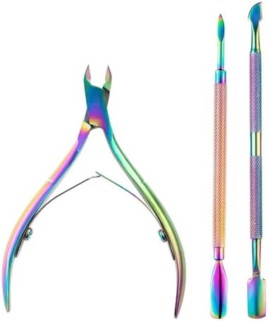 Stainless Steel Cuticle Pusher Nipper Scissor Manicure Set Gel Polish Remove Nail Art Clipper Care Cleaning Tool(3Pcs Rainbow)
