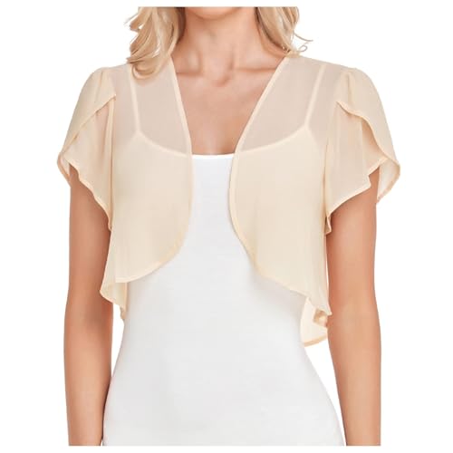 Women's Bolero Chiffon Elegant Bolero Jacket Short Open Front Shoulder Jacket Casual Short Sleeve Cardigan Airy Thin Jacket Lightweight Short Jacket for Beach Cocktail Dress Evening Dress, beige, S