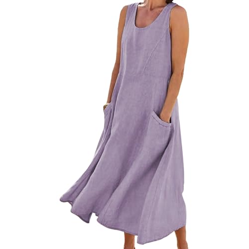 Women's Summer Cotton Linen Long Dress Sleeveless Elegant Flowy Dresses Plus Size Loose Comfy Dress with Pockets Purple