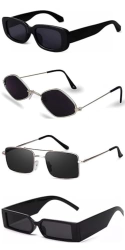 Image of Sheomy Karan Aujla Unisex Set Of 4 Karan Aujla Goggles Rectangle Non-Polarized Sun Glasses Inspired By Karan Aujla Shades Retro Vintage Narrow Women Offer Pack Of 4 Goggles For Women 402