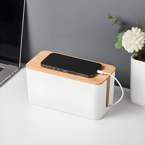 Kabelbox Weiß Kabelbox mit Bambusdeckel Kabelorganizer Kabelmanagement Box zum Verstecken von Kabeln und Steckern