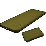 WAQ リラクシングキャンプマット 厚手 10cm 車中泊マット 特殊ウレタン 軽量 r値 10.5 【ミニバンにぴったり】自動膨張 連結可能 特大バルブ搭載 災害時 防災 インフレータブルマット エアーマット アウトドア 車中泊 キャンプ 寝袋 (マット10cm(S)&ピローセット(オリーブ))