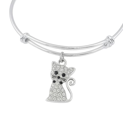 Crystal Cat Charm Bracelet – Silver Expandable Adjustable Wire Bangle with Sparkling Cat Pendant – Cat Mom Jewelry Gift for Women & Girls – Handmade Pet Lover Bracelet