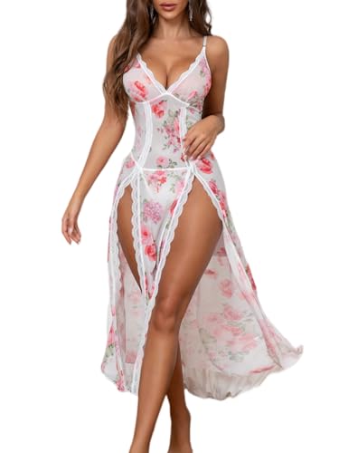 Image of PITINAN Women Lingerie Lace Babydoll Chemise Sexy Mesh Nightdress V Neck Nightwear Side Split Nightgown S-XXL