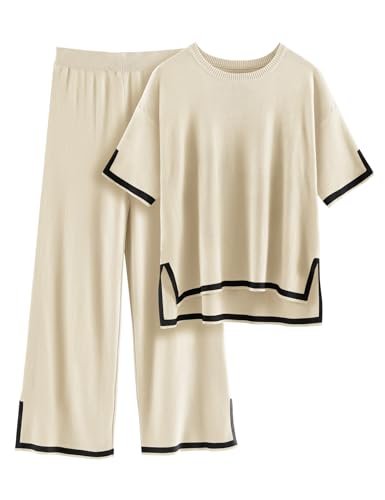 Tuopuda Hausanzug Damen Zweiteiler Freizeitanzug Kurzarm Gerippt Strickpullover mit Lange Hose Lounge Set Rundhalsausschnitt Freizeit Outfit, Beige, M