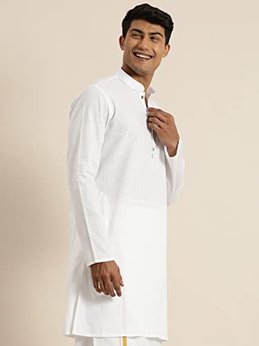 Image of VASTRAMAY Men Cotton Linen Solid Kurta | Cool & Breathable Ethnic Wear with Mandarin Collar for Eid, Holi & Festive Occasions