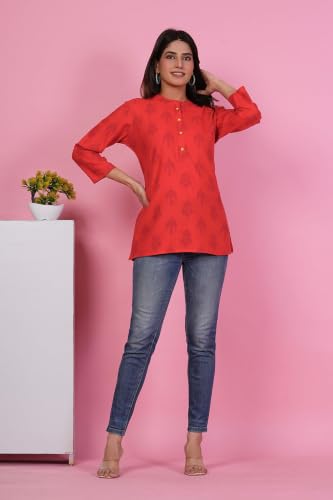 Image of Women's Red Printed Short Kurti Top with 3 /4 Sleeves