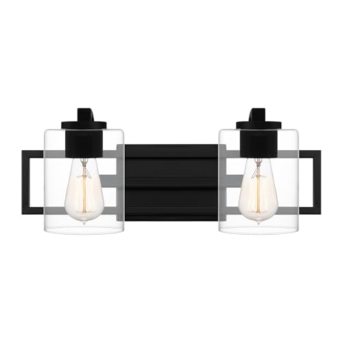 Image of Quoizel Lansdowne Modern Bath Vanity Lights,18.25 Inch 2-Light Matte Black Lighting Fixtures Over Mirror, Clear Glass Shade, 100W, Decorative Wall Light for Bathroom, Dresser, Kitchen or Hallway