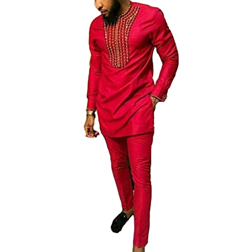 African Men's Clothing 2 Piece Set Traditional Dashiki Outfits Suit Shirt and Pants Long Sleeve Clothes (Color : Red, Size : XX-Large)