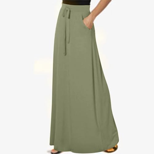 Womens Maxi Skirt Elastic Basic Solid Tie Dye Foldable High Waisted Midi Length Plus Size A-Line Skirts with Pockets(Army Green,XX-Large)3