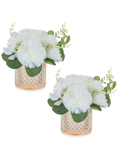 NUPTIO Bouquet de Fleurs Artificielles Vase: 2 Pièces Petit Blanc Fausses Fleurs Verre Vases pour Interieur Maison Bureau - Faux Decoratif Rose Soie Centre de Table...