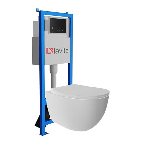 Lavita LAV 101 Vorwandelement für WC 40cm + Wand Hänge Tiefspül WC MONDO Weiß Spülrandlos + Bedienplatte LAV 200.3.4 Schwarz | Komplettset | Unterputz Spülkasten | Toilette Komplett Sett
