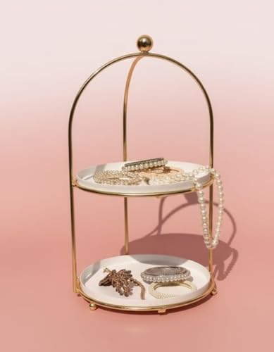 Image of White and Gold Metal 2-Tier Cake Stand Snack Platter for Home Decor (White)
