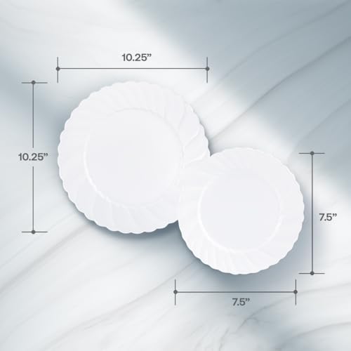 Poise Party Plastic Plates – White Scalloped Design - Round - 32 Count- Elegant Premium Durable Combo Pack for Versatile Celebrations (7.5”, 10.25”) 16 of Each Size