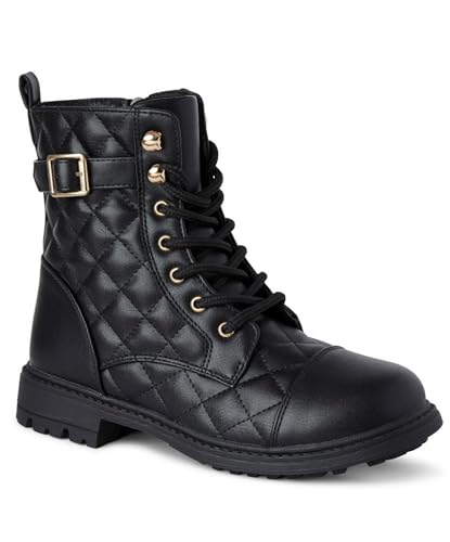 Girls' Quilted Combat Boots with Buckle, Lace-Up Ankle Boots for Casual Wear