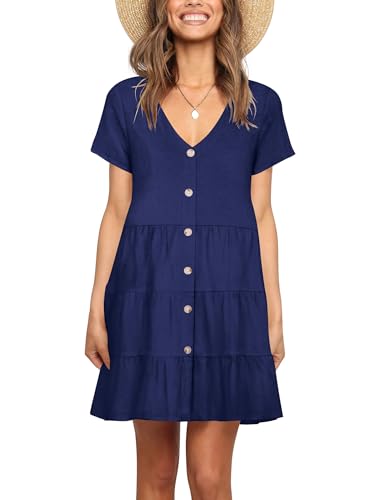 Image of Nova In Sky Women's Summer Dresses 2026 Short Sleeve V-Neck Casual Loose Swing Button Down Casual T Shirt Dresses