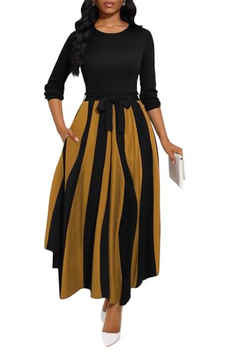 BubFee Maxi Dress for Women Long Sleeve Casual Long Dress Church Dresses with Pockets(Black Gold, Large)