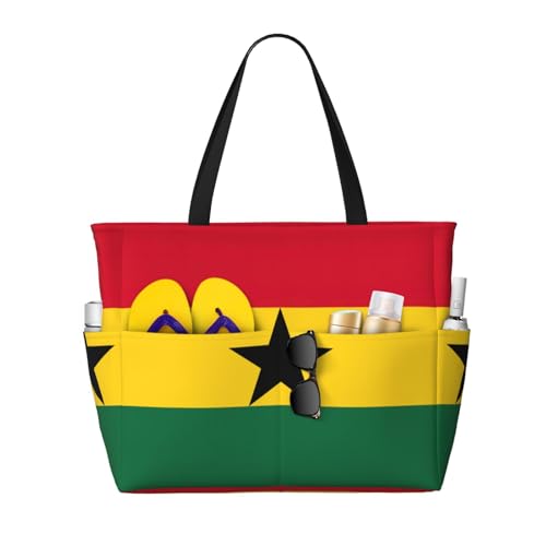 Flag Of Ghana Beach Tote Bags For Women Travel Totes Bag Handbag With Zipper And Pockets For Travel Vacation