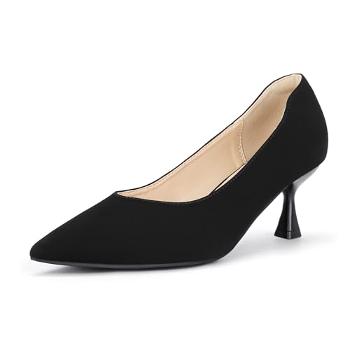 IDIFU Black Heels Closed Toe Pumps Kitten Heels Low Pointed Toe Heels Office Formal Work Prom Party Dress Shoes for Women Comfortable Dressy Trendy Cute Sexy Fashion Pumps Shoes(Black Nubuck, 5.5)