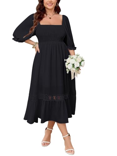 Image of SCOMCHIC Women's Plus Size Boho Maxi Dress Short Sleeve Square Neck Smocked Flowy A-Line Lace Trim Wedding Guest Dresses