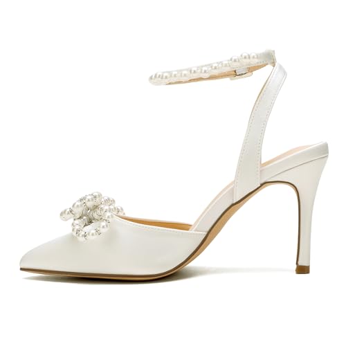 Women's Closed Toe High Heels Satin Wedding Pumps with Pearls Rhinestone Bow Ankle Strap Stiletto High Heel Sandals3