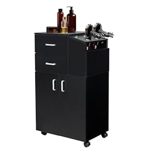 Pvillez Salon Stations for Hair Stylist, Salon Cart on Wheels, Beauty Salon Trolley Cart with 2 Drawers, 1 Large Cabinet, 5 Hair Dryer Holders, Rolling Tool Cart for Barber Station Barbershop, Black