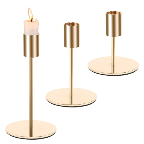 Juego de 3 candelabros dorados con forma de cono de metal, portavelas de oro vintage para cenas en casa, bodas, fiestas, decoración de mesa, regalo de inauguración de la casa, 8,5 cm