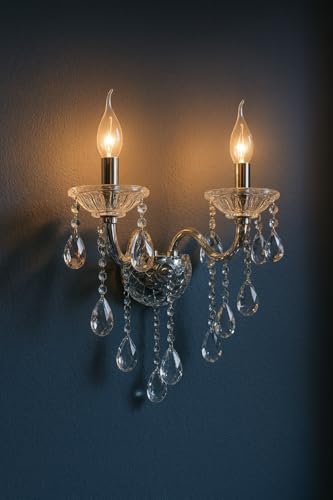 TEKHOME Applique da Muro Classica in Cristallo 2 Luci, Portalampada E14, Lampada da Parete Stile Candelabro, Vari Colori E35 (ARGENTO)