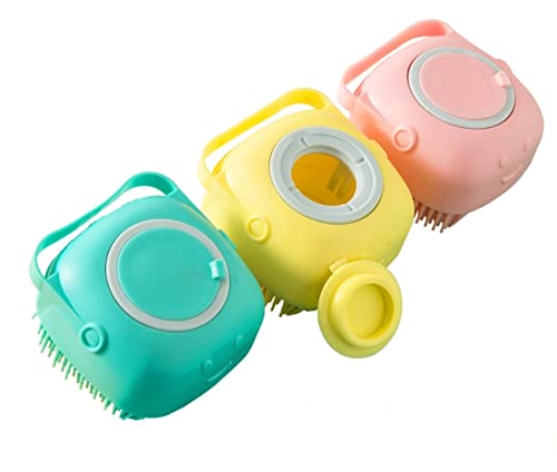 3Pack Dog Bath Brush, Soft Silicone Pet Shampoo Massage Dispenser Grooming Shower Hair Fur Grooming Cleaning Brush Soft Shampoo Dispenser (Blue,YellowAnd Pink)