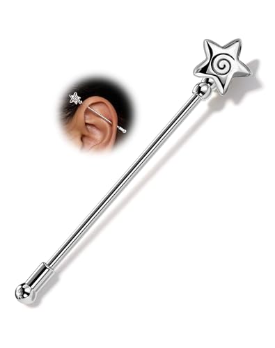 OUFER 14G Spiral Star Silver Industrial Barbell 316L Surgical Stainless Steel 38mm Long Straight Barbell Industrial Piercing Jewelry for Women Men