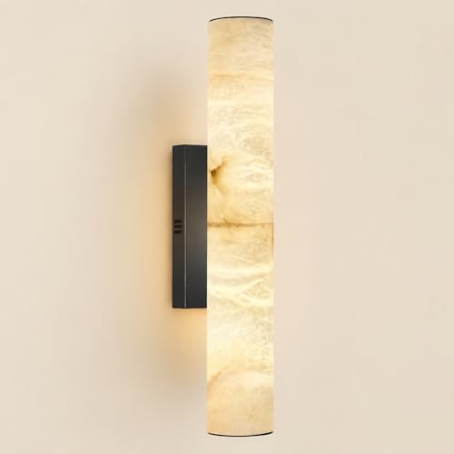 Image of Alabaster Wall Sconce, 20 inch Black Natural Marble Wall Sconces, Dimmable Hardwired Stone Sconces, Modern Tube Wall Sconce for Luxury Bathroom, Bedroom, Hallway, Living Room, Entryway, 1PC