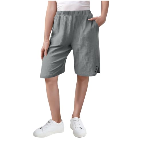 Zzalalana Boys Girls Cotton Linen Shorts Casual Summer Knee Length Bermuda Shorts Kids Cropped Pants with Pockets Gray