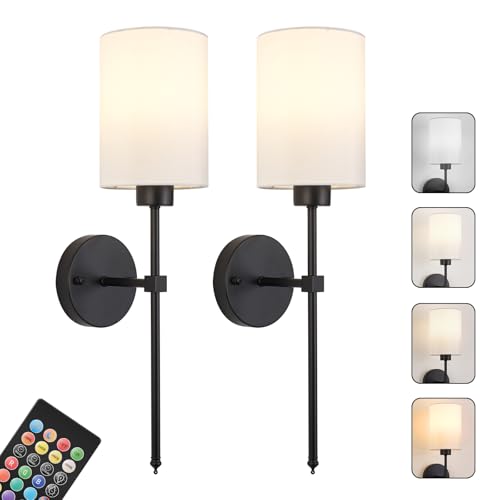 Image of Battery Operated Wall Sconces Set of Two,Wireless Rechargeable Wall Light With Remote Control, Dimmable, Amber Light /Warm White /Natural White /Daylight /RGB, Timer,for Living Room,Bedroom,Entryway,Black