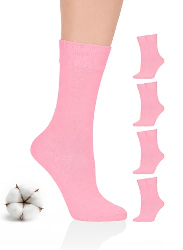 Hugh Ugoli Womens Cotton Crew Socks | Plain Color Regular Fit Soft Casual Socks for Trouser 4 Pairs Pink Shoe Size: 6-9