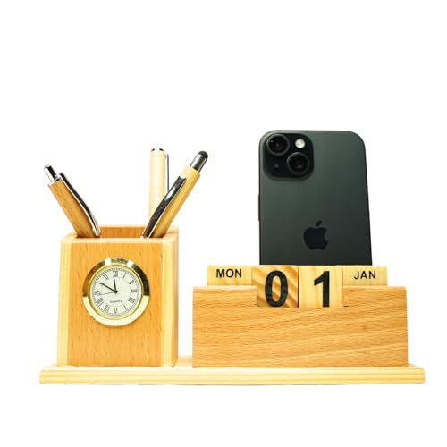 Image of CRAFT CLOSET & GIFTS Wooden Pencil Pen Stand Holder with Rolling Calendar and Mobile Stand Slot - Personalized Office Accessory for IAS, Advocate, Office & Corporate Gifts