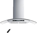HisoHu Wall Mount Curved Glass Range Hood 36 Inch, 780 CFM, Kitchen Vent Hood Ductless/Ducted Convertible with Touchscreen and LED Lights