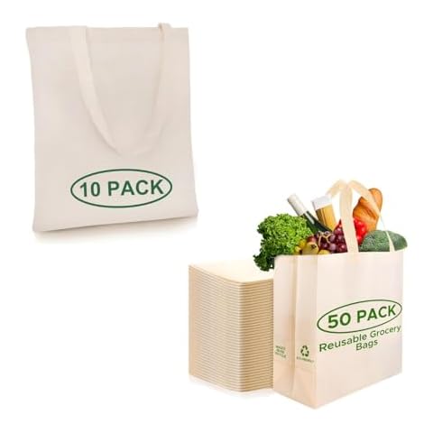 Simply Cool Cotton Beige Reusable Tote Bags 13"x15" (10 Pack) and Large Cream Reusable Shopping Bags 14.5"x14"x6.6" Foldable, Tote Bags Bulk (50 Pack) Cover