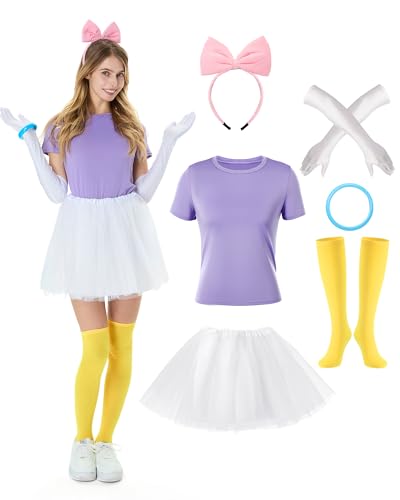 Halfchet 6 Pcs Halloween Duck Costume Set Includes Purple Top Yellow Footed Tights Bow Knot Hair Hoop Plastic Bracelet Elbow Length Party Gloves Layered White Tutu Skirt for Women Adult Cosplay (L)