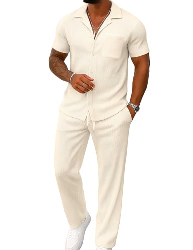 UOUA Men's 2 Piece Outfit Casual Short Sleeve Button Down Shirts &...