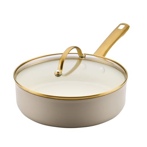 Farberware Forged Induction Ceramic Nonstick Saute Pan/Jumbo Cooker with Lid, Dishwasher Safe, Gold Color Stainless Steel Handle, 3 Quart Sauteuse Pan - Taupe