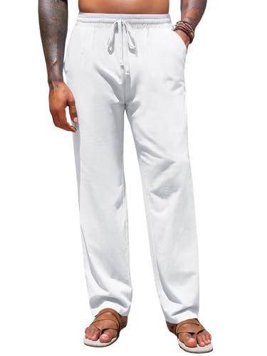 Runcati Mens Casual Pants Drawstring Elastic Waist Cotton Linen Loose Fit Summer Beach Vacation Yoga Trousers