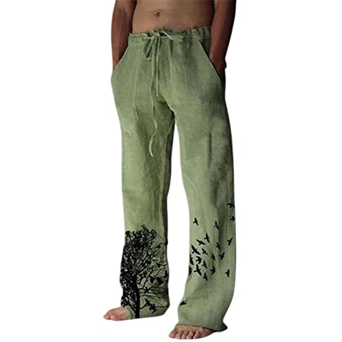 Mens 2023 Linen Pants Funny Bird Print Beach Baggy Drawstring Elastic Waist Lightweight Trendy Trousers