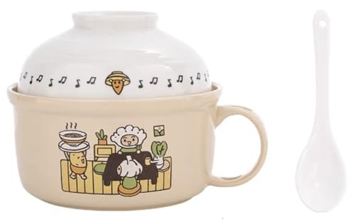 Yatome ラーメン丼 ラーメンどんぶり 加熱用ボウル 大容量食器 どんぶり 無料のスプーン ハンドル付き 蓋付き セラミック製 耐熱 オーブン/電子レンジ/食器洗い機対応 時短料理 調理用品 一人暮らし (A)