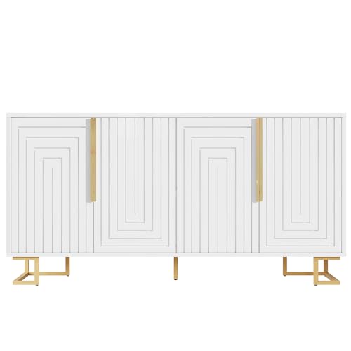 Merax White Sideboard Modern Storage Cabinet, 152X40X75Cm – Geometric Design Cabinet With Gold Handles & Feet, Anti-Tip Device, Adjustable Feet, Living Room Furniture - 7