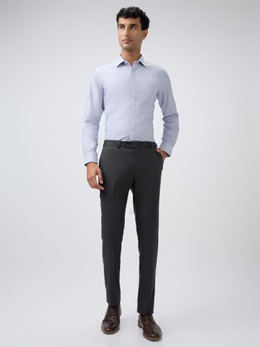 Image of Raymond Men Slim Fit Checks Pattern Poly Viscose Blend Flat Front Formal Trouser Grey