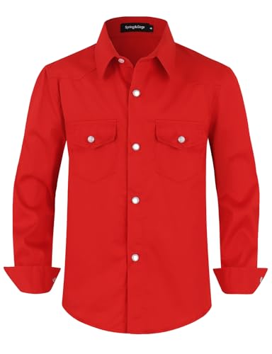Spring&Gege Boys' Long Sleeve Casual Western Cowboys Pearl Snap Button Down Shirts with Two Pockets, Red, Size 9-10 Years